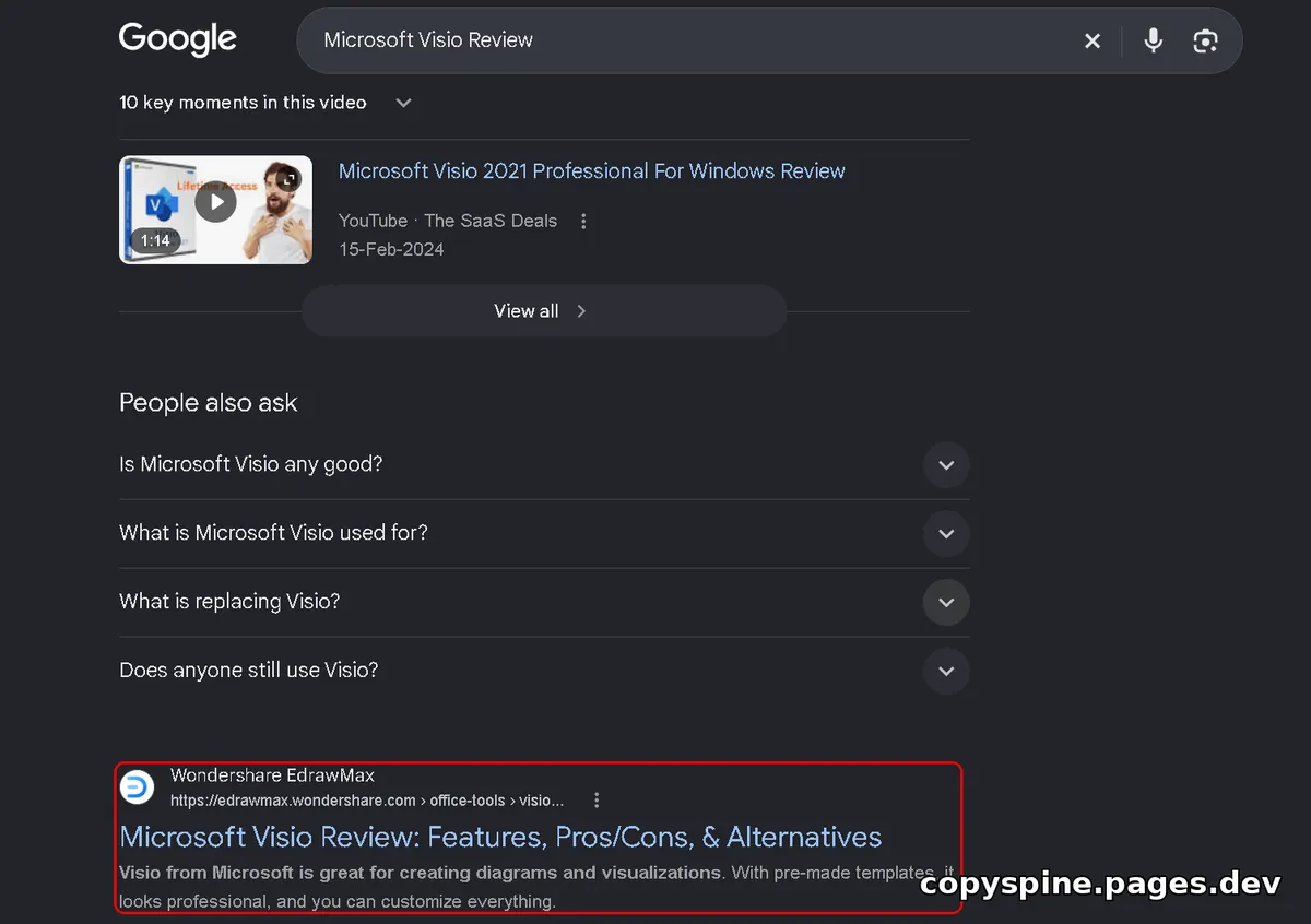 Page 1 Google ranking screenshot for Microsoft Visio Review,