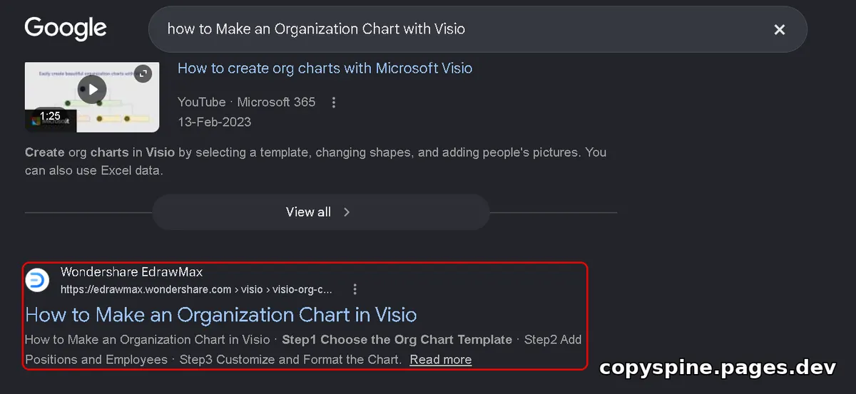 #1 Google ranking screenshot for how to Make an Organization Chart with Visio,