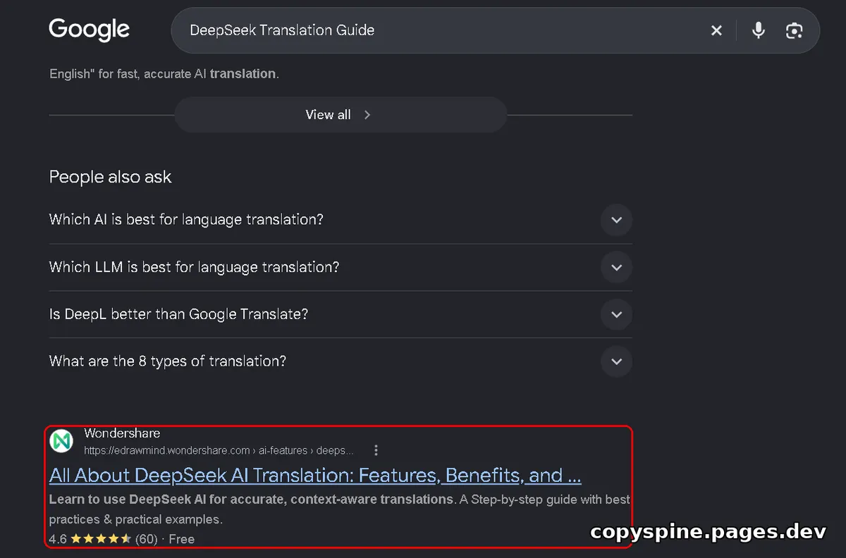 Page 1 Google ranking screenshot for DeepSeek Translation Guide,