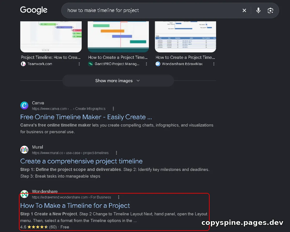 Page 1 Google ranking screenshot for how to make timeline for project,