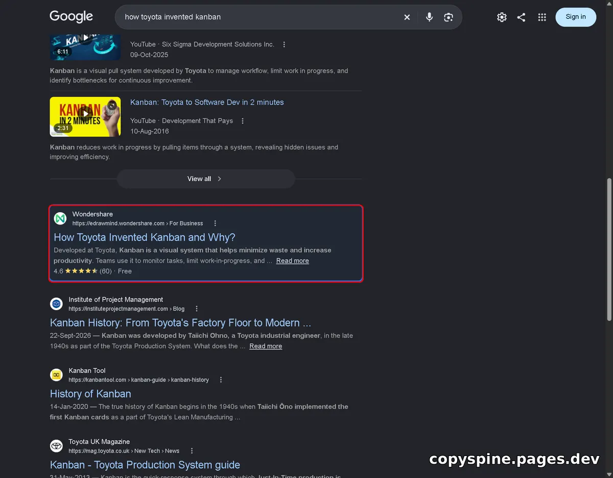 Page 1 Google ranking screenshot for how toyota invented kanban,