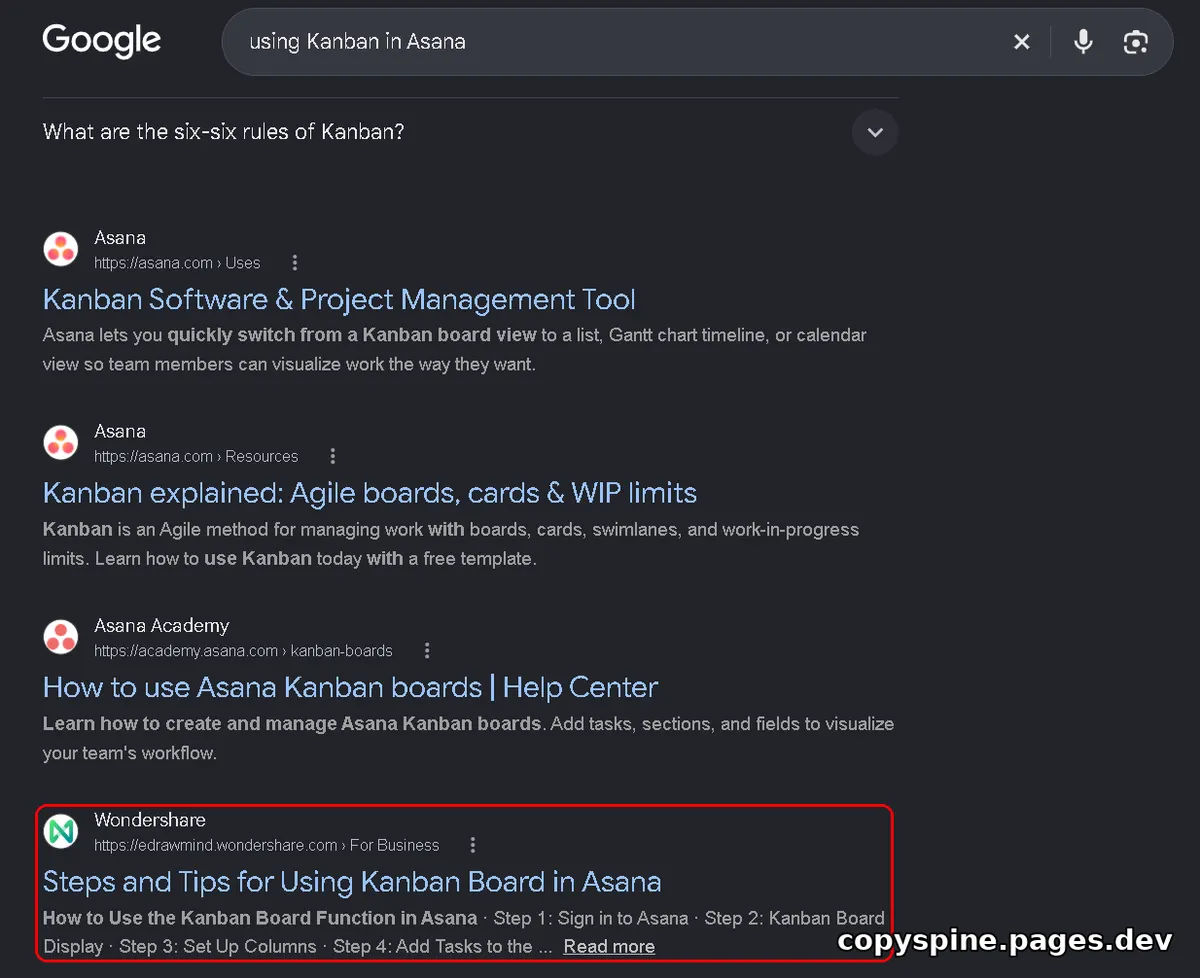 Page 1 Google ranking screenshot for using Kanban in Asana,