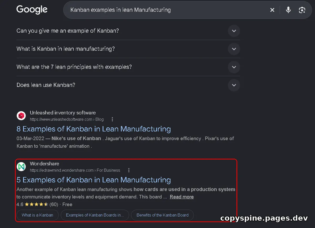 Page 1 Google ranking screenshot for Kanban examples in lean Manufacturing,