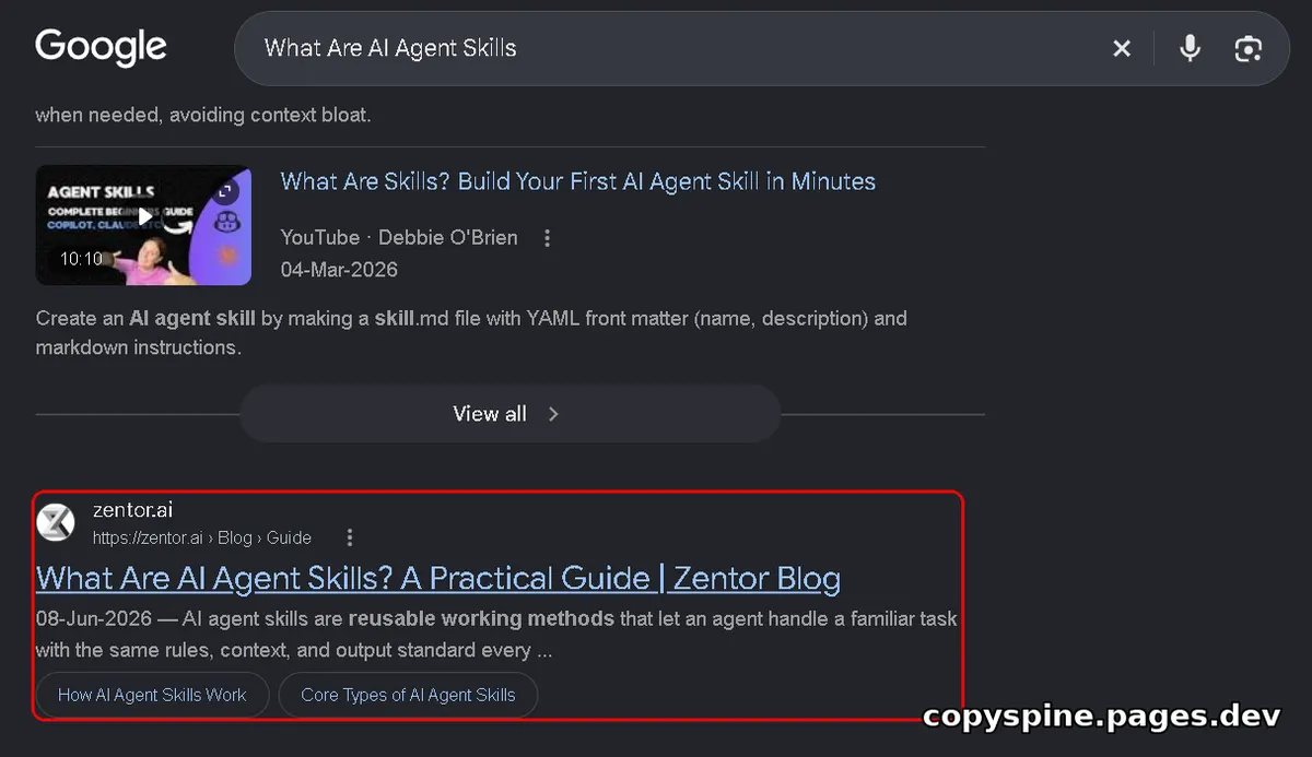 Page 1 Google ranking screenshot for What Are AI Agent Skills,