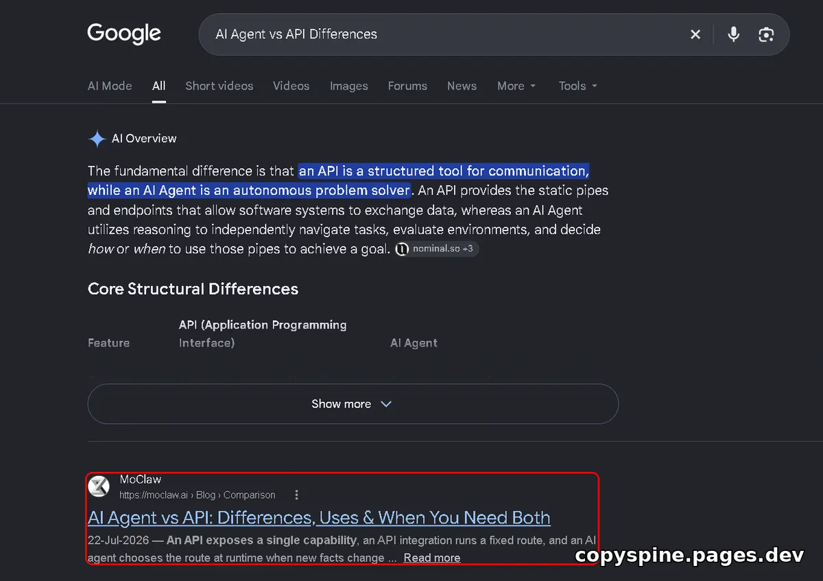 Page 1 Google ranking screenshot for AI Agent vs API Differences,