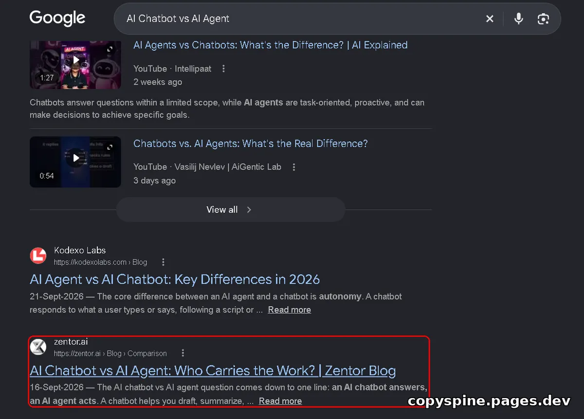 Page 1 Google ranking screenshot for AI Chatbot vs AI Agent,