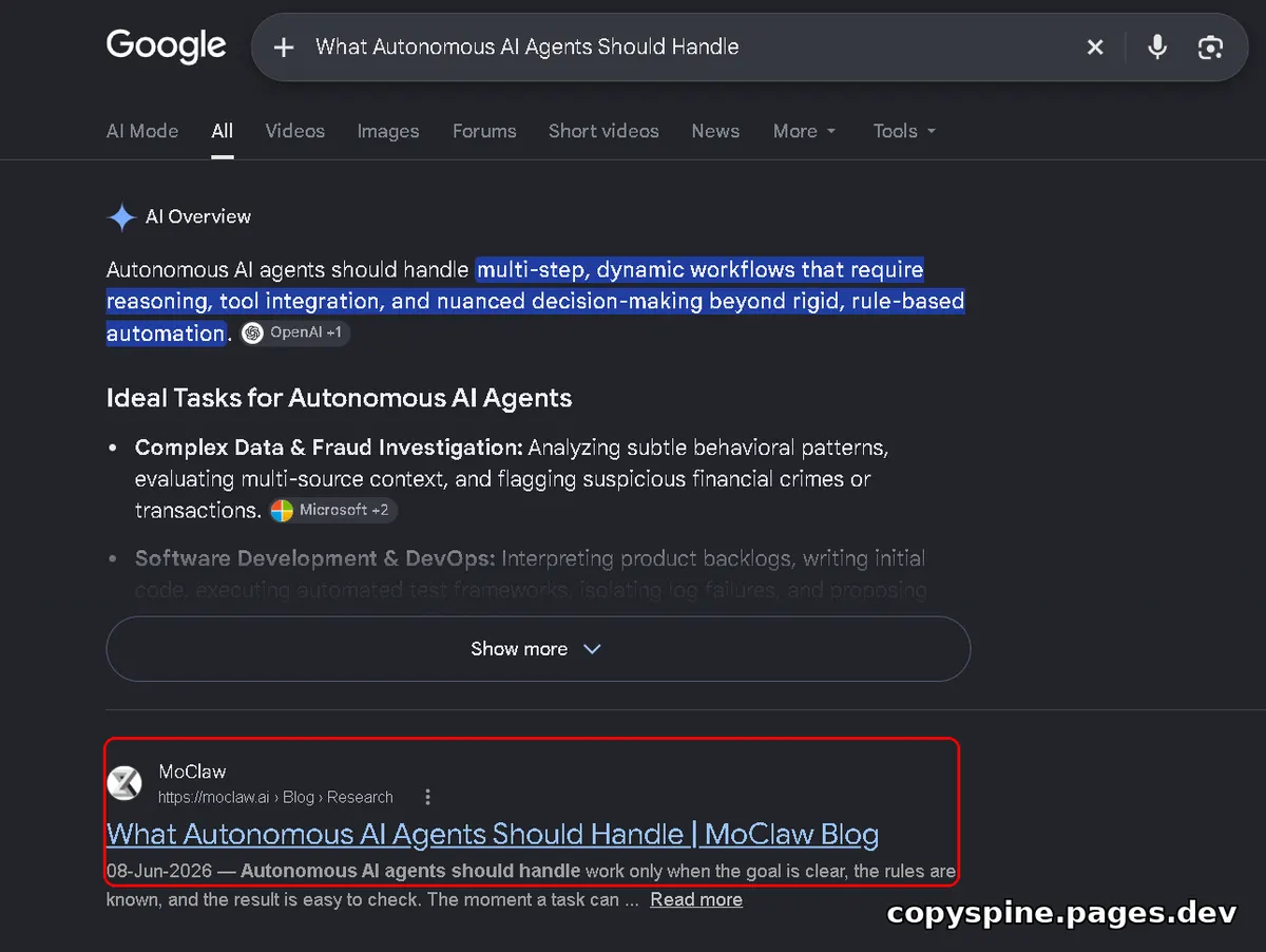 Page 1 Google ranking screenshot for What Autonomous AI Agents Should Handle,