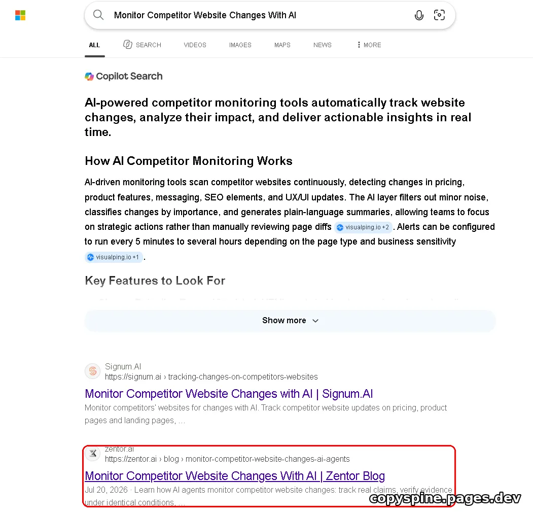 Page 1 Bing ranking screenshot for Monitor Competitor Website Changes With AI,