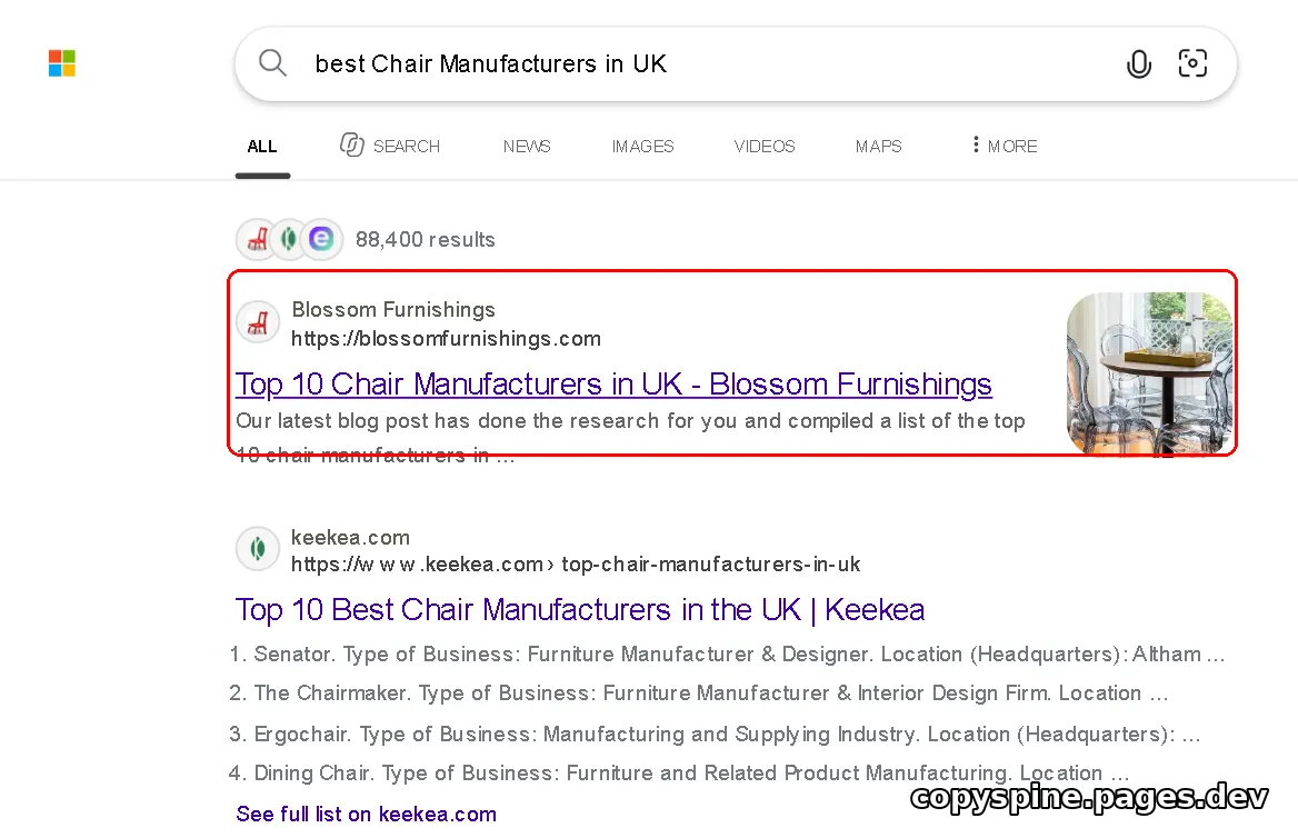 #1 Bing ranking screenshot for best Chair Manufacturers in UK,