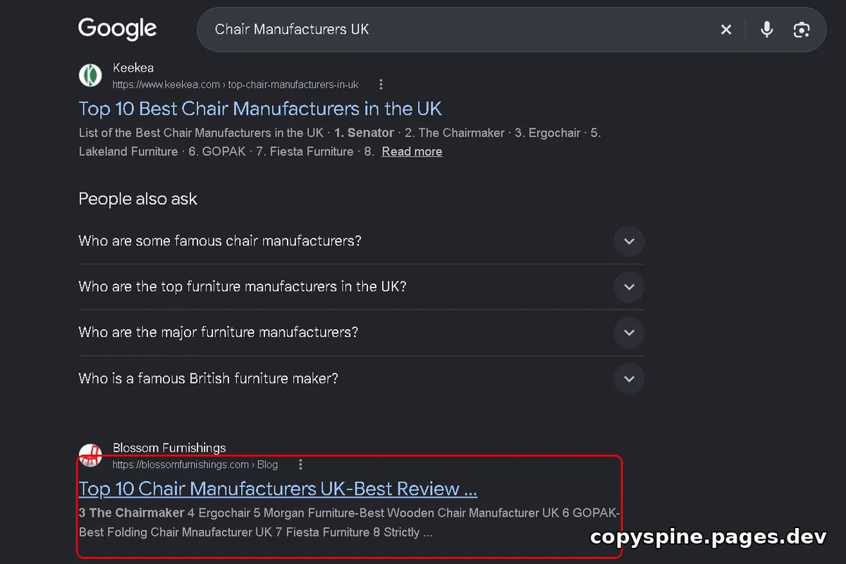 Page 1 Google ranking screenshot for Chair Manufacturers UK,