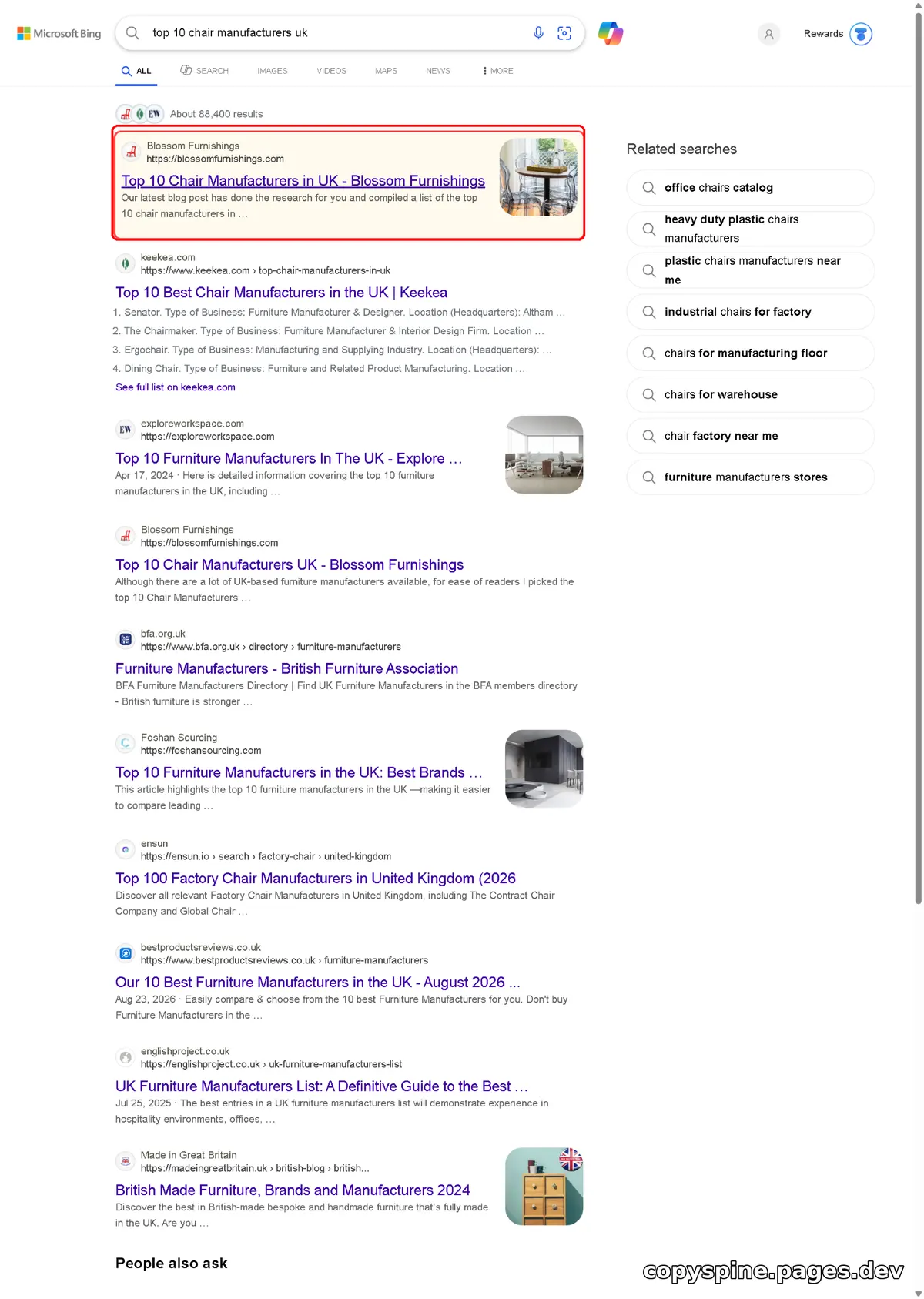 #1 Bing ranking screenshot for top 10 chair manufacturers uk,