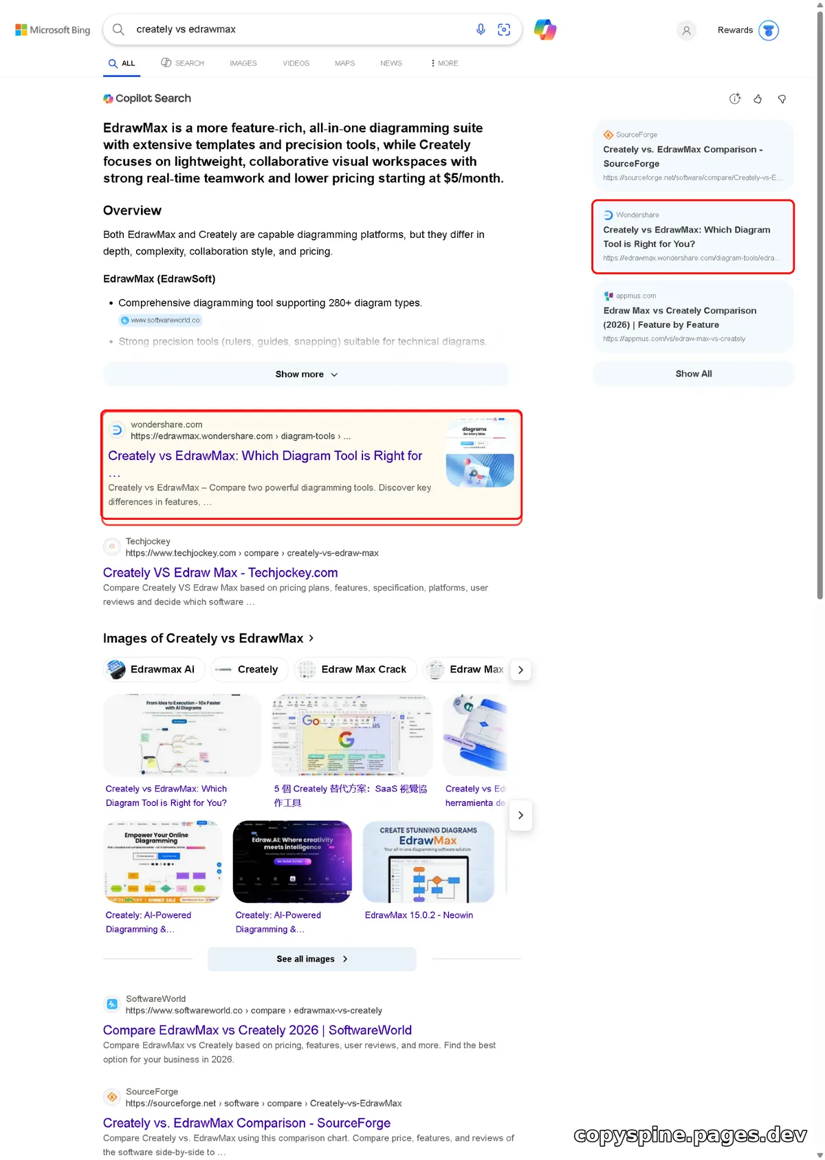 Page 1 Bing ranking screenshot for creately vs edrawmax,