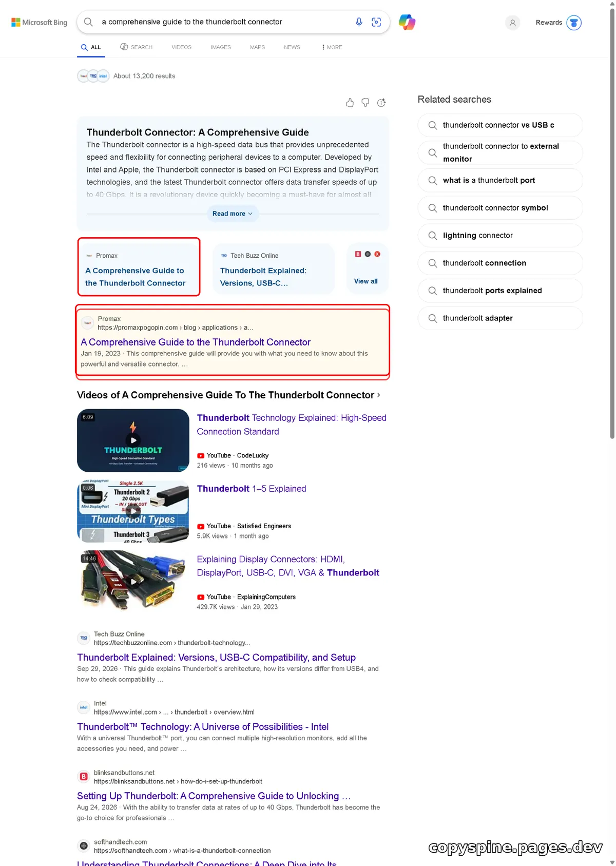 #1 Bing ranking screenshot for a comprehensive guide to the thunderbolt connector,