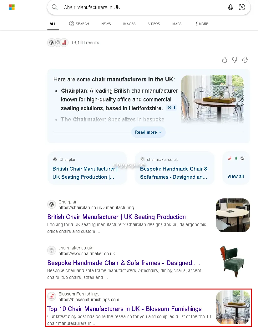 Page 1 Bing ranking screenshot for Chair Manufacturers in UK,