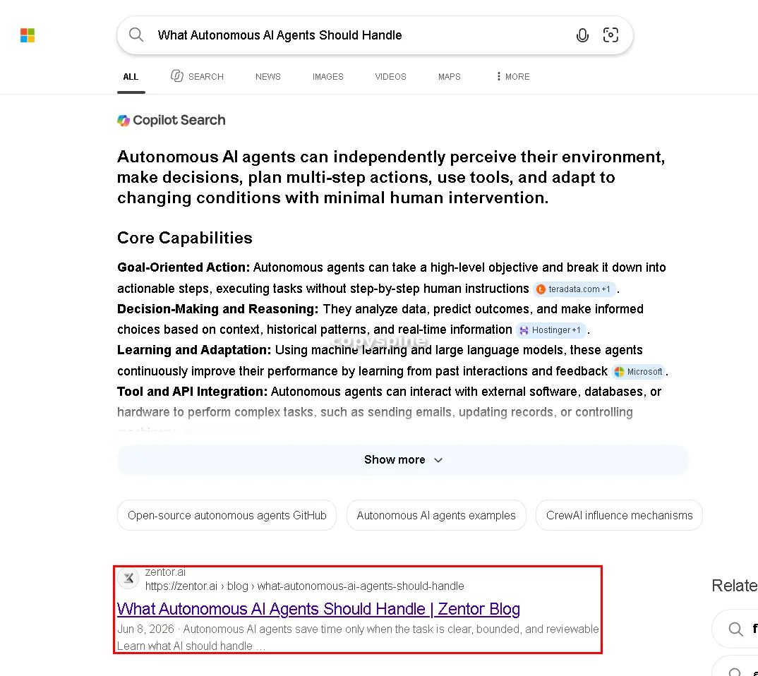 Page 1 Bing ranking screenshot for What Autonomous AI Agents Should Handle,
