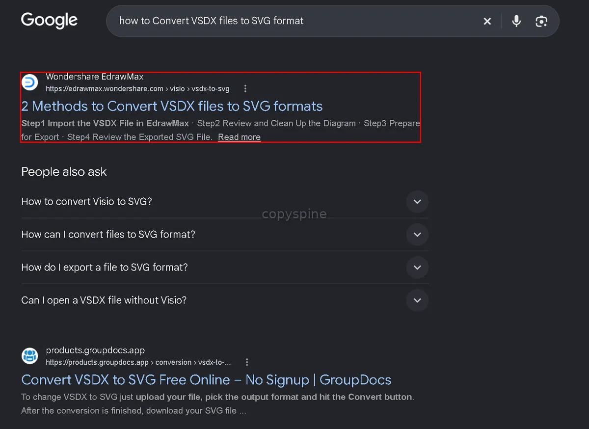 #1 Google ranking screenshot for how to Convert VSDX files to SVG format,