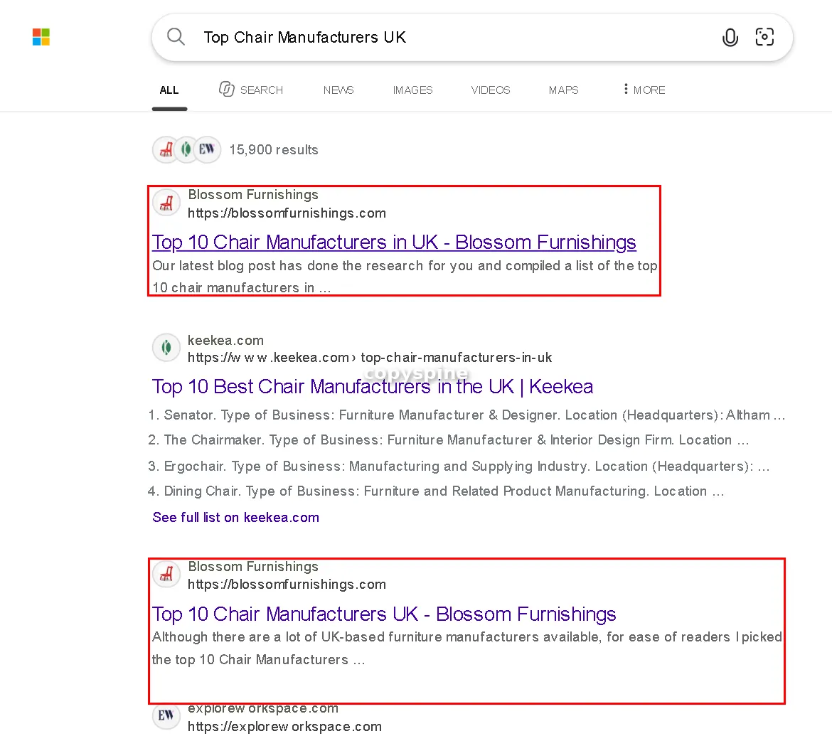 #1 Bing ranking screenshot for Top Chair Manufacturers UK,