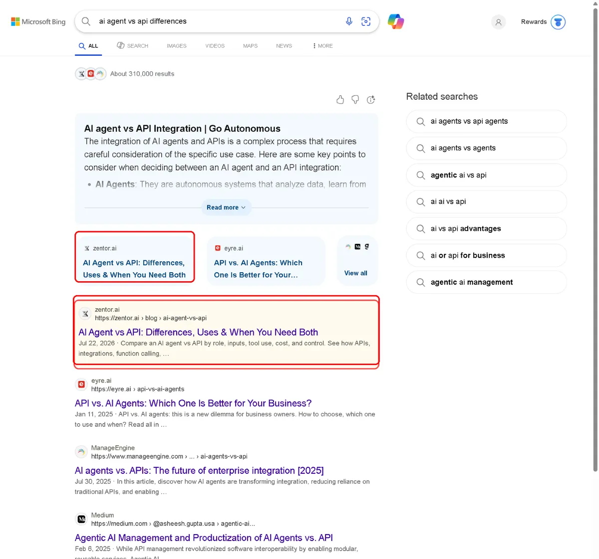 #1 Bing ranking screenshot for ai agent vs api differences,