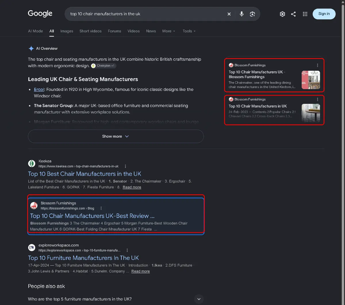 AI Overview ranking screenshot for top 10 chair manufacturers in the uk,