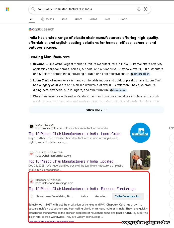 Page 1 Bing ranking screenshot for top Plastic Chair Manufacturers in India,