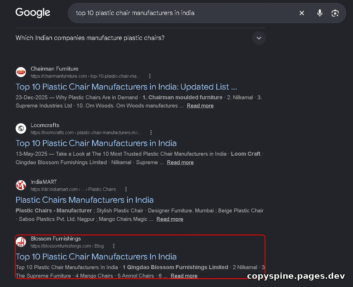 Page 1 Google ranking screenshot for top 10 plastic chair manufacturers in india,