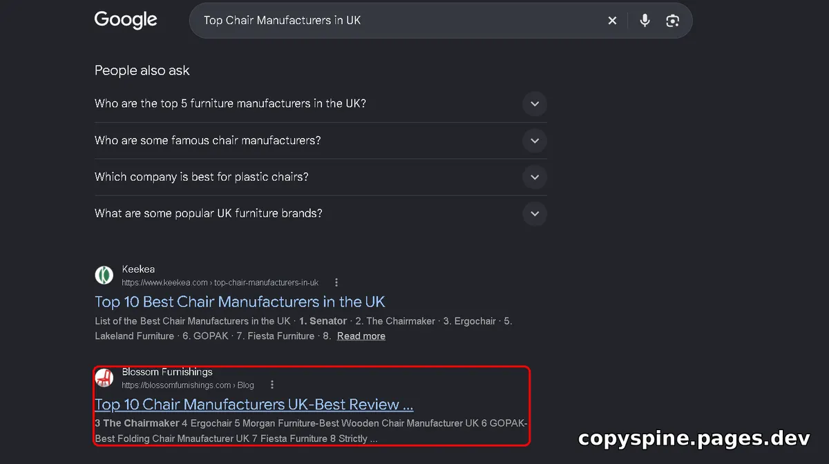 Page 1 Google ranking screenshot for Top Chair Manufacturers in UK,
