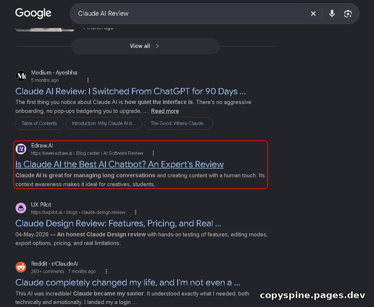 Page 1 Google ranking screenshot for Claude AI Review,