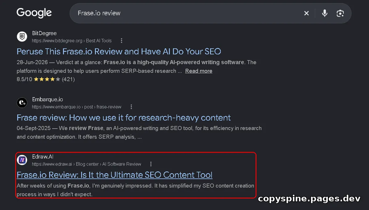 Page 1 Google ranking screenshot for Frase.io review,