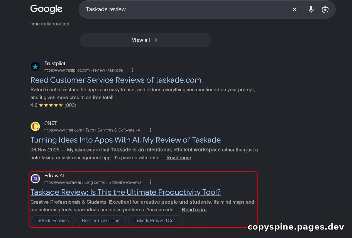 Page 1 Google ranking screenshot for Taskade review,