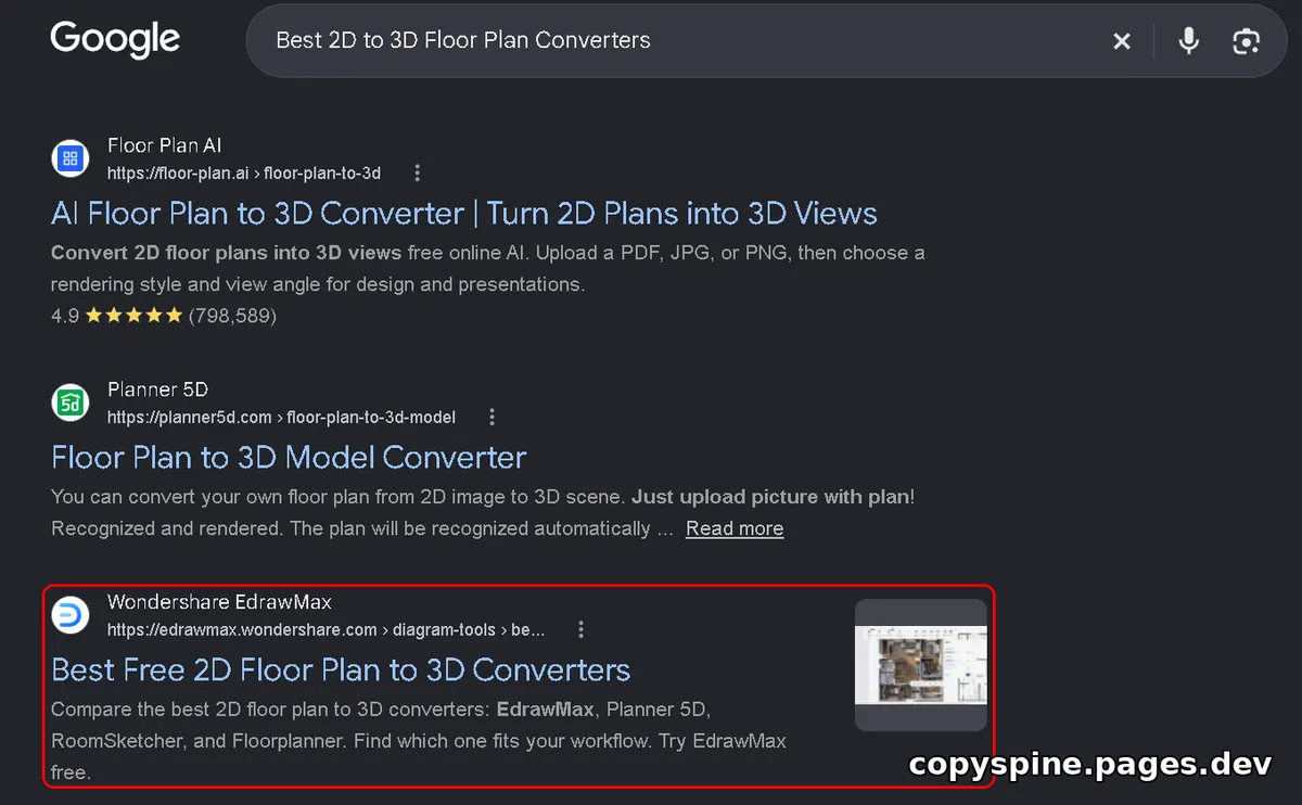 Page 1 Google ranking screenshot for Best 2D to 3D Floor Plan Converters,