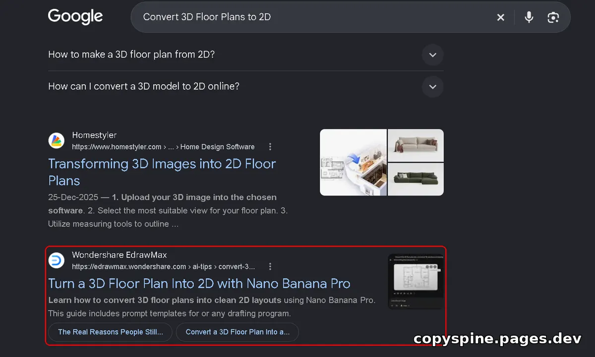 Page 1 Google ranking screenshot for Convert 3D Floor Plans to 2D,