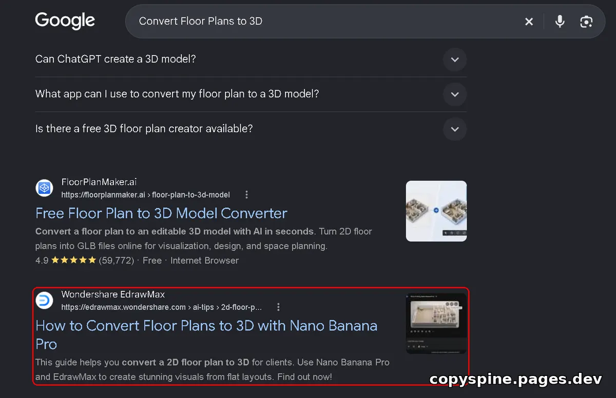 Page 1 Google ranking screenshot for Convert Floor Plans to 3D,