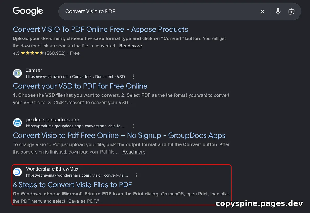 Page 1 Google ranking screenshot for Convert Visio to PDF,