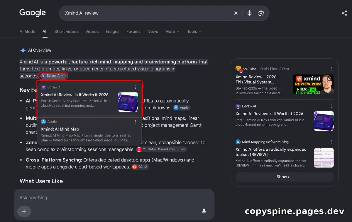 AI Overview ranking screenshot for Xmind AI review,