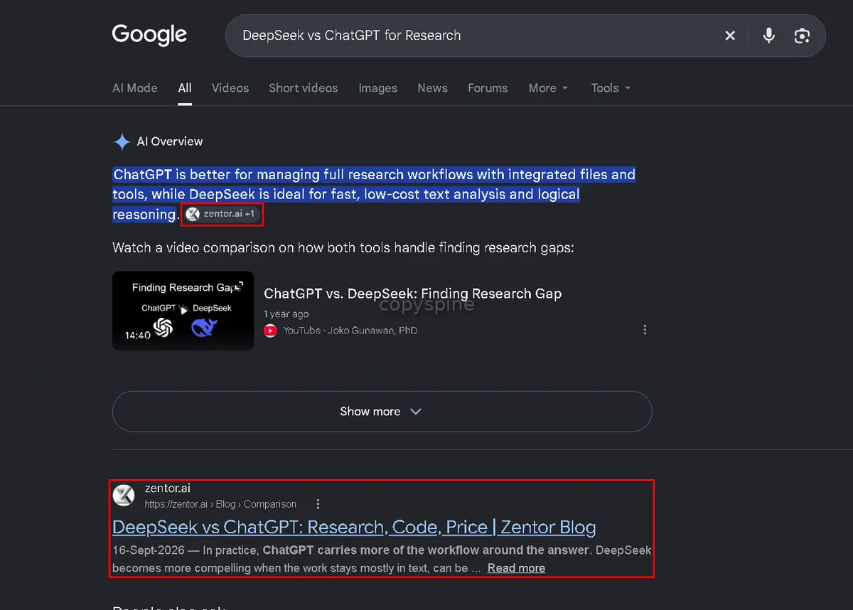 AI Overview ranking screenshot for DeepSeek vs ChatGPT for Research,