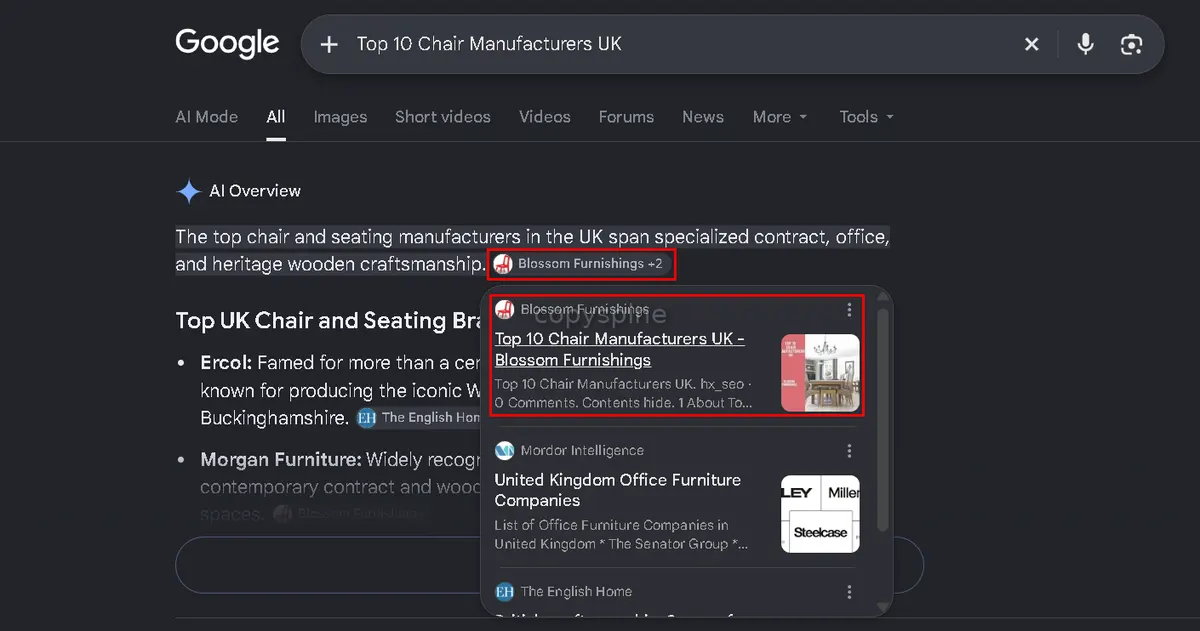 AI Overview ranking screenshot for Top 10 Chair Manufacturers UK,
