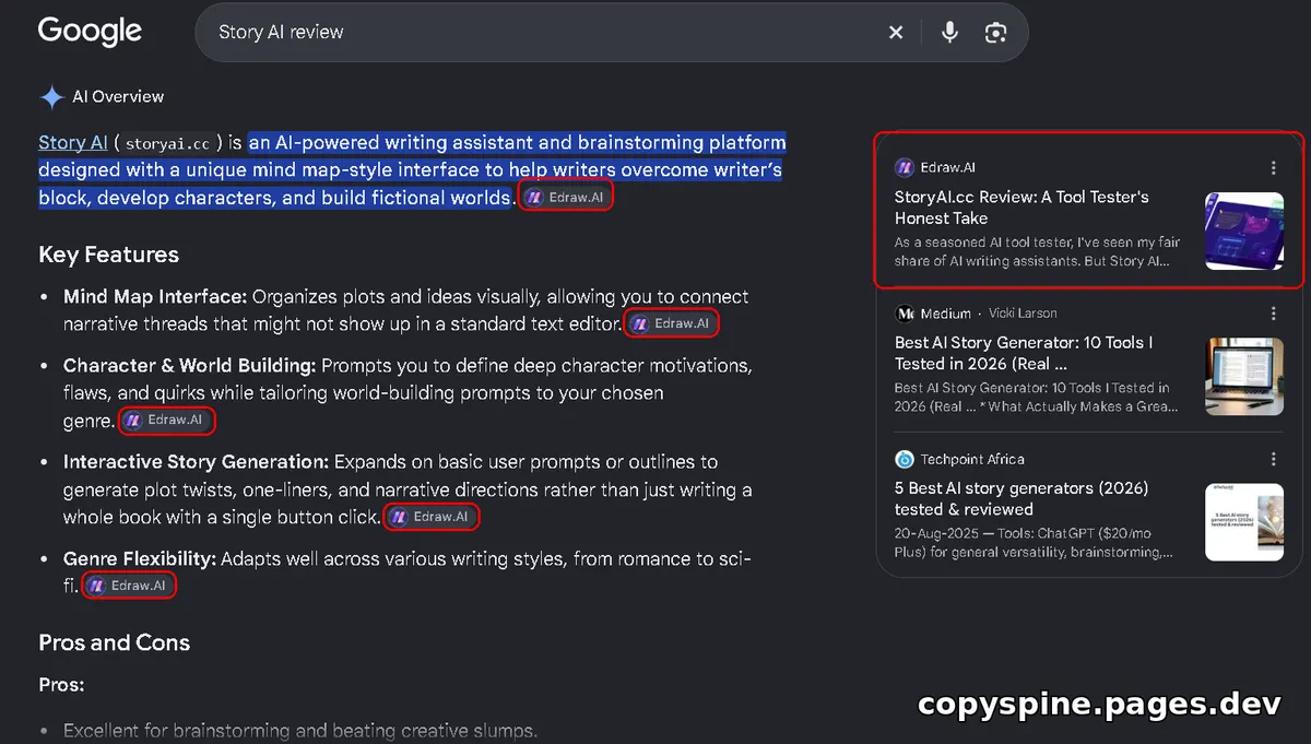 AI Overview ranking screenshot for Story AI review,