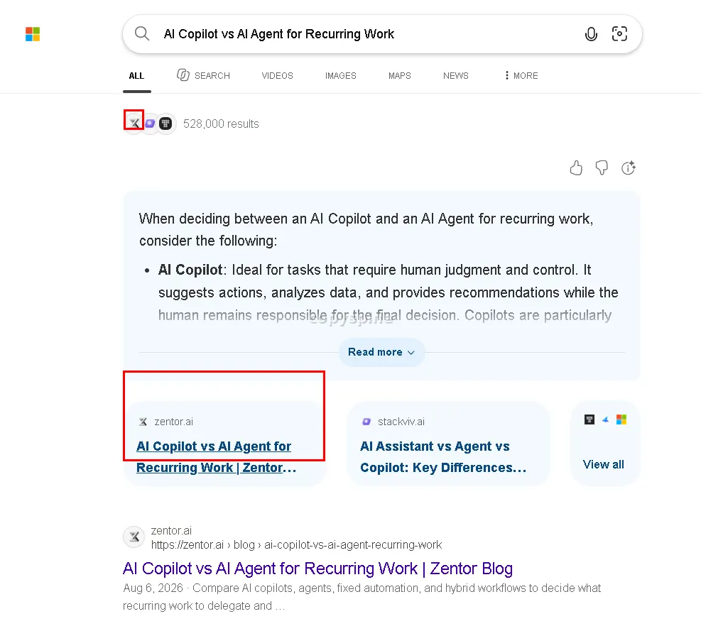 Page 1 Bing ranking screenshot for AI Copilot vs AI Agent for Recurring Work,